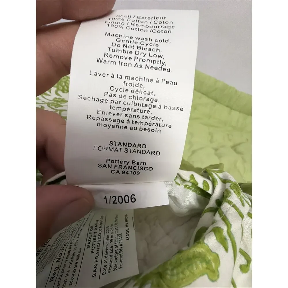 2 Vintage Pottery Barn Quilted Standard Shams Green White Floral Vine
